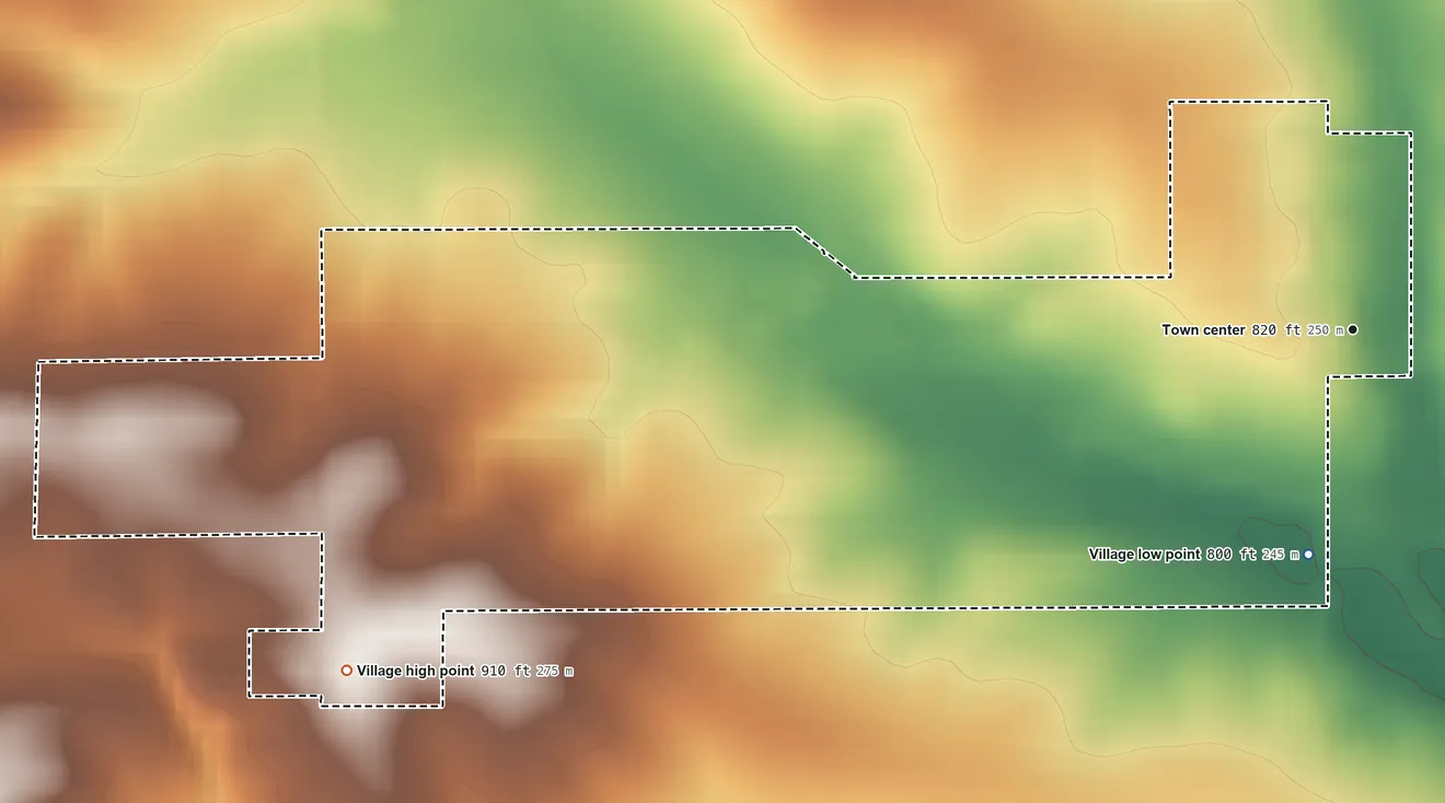 Topographic elevation map of German Valley, Illinois, shaded from 800 ft on the south side to 910 ft on the west side