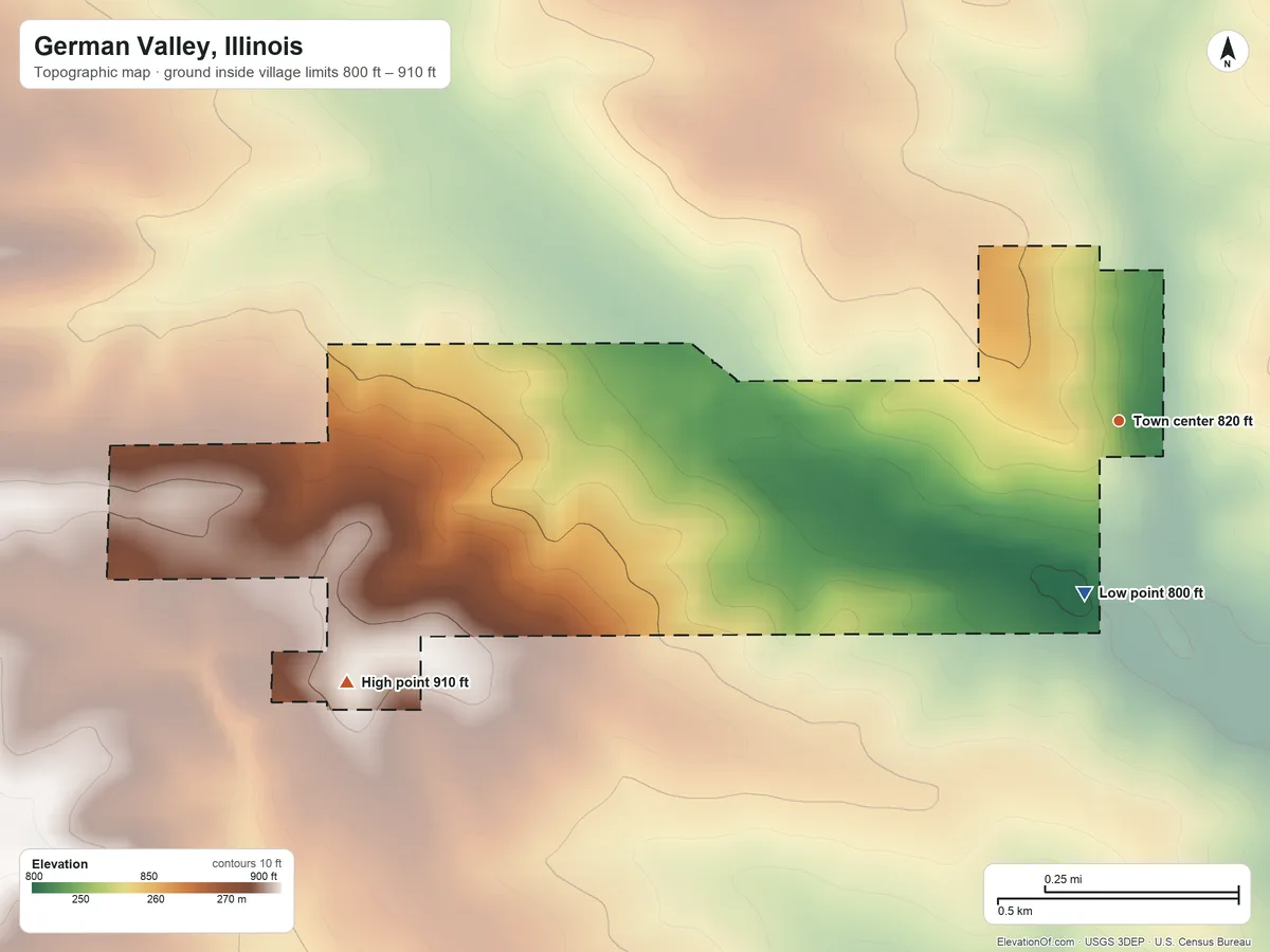 Topographic elevation map of German Valley, Illinois, shaded from 800 ft on the south side to 910 ft on the west side