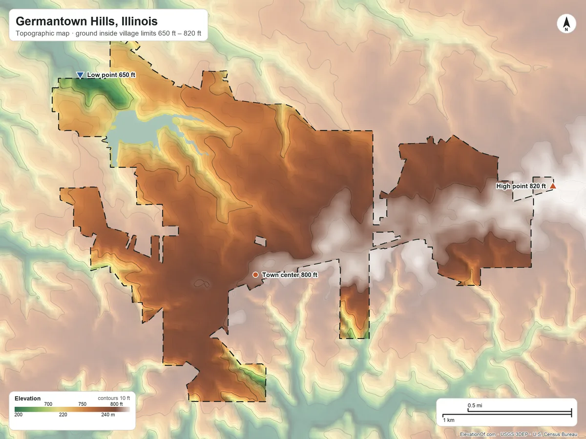 Topographic elevation map of Germantown Hills, Illinois, shaded from 650 ft on the northwest side to 820 ft on the east side