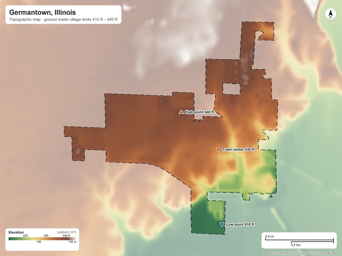 Topographic elevation map of Germantown, Illinois, shaded from 410 ft on the south side to 440 ft on the northwest side