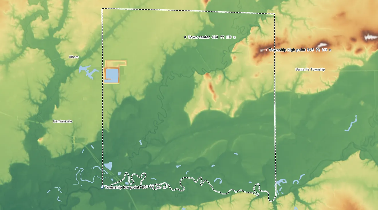 Topographic elevation map of Germantown Township, Illinois, shaded from 400 ft on the southwest side to 540 ft on the east side