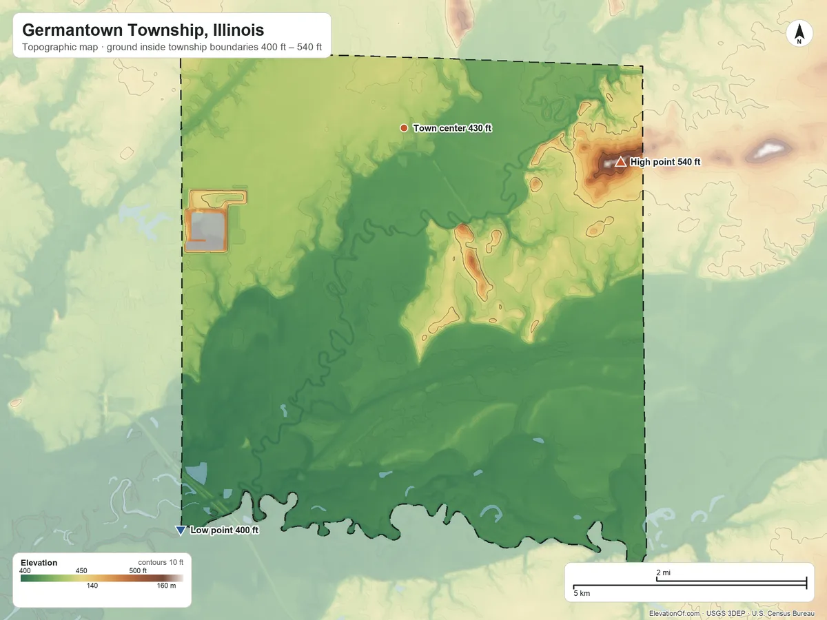 Topographic elevation map of Germantown Township, Illinois, shaded from 400 ft on the southwest side to 540 ft on the east side