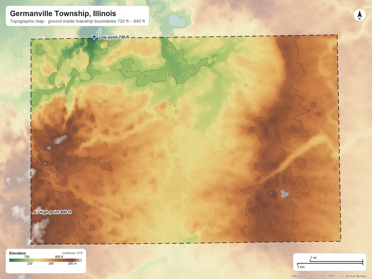 Topographic elevation map of Germanville Township, Illinois, shaded from 720 ft on the northwest side to 840 ft on the southwest side