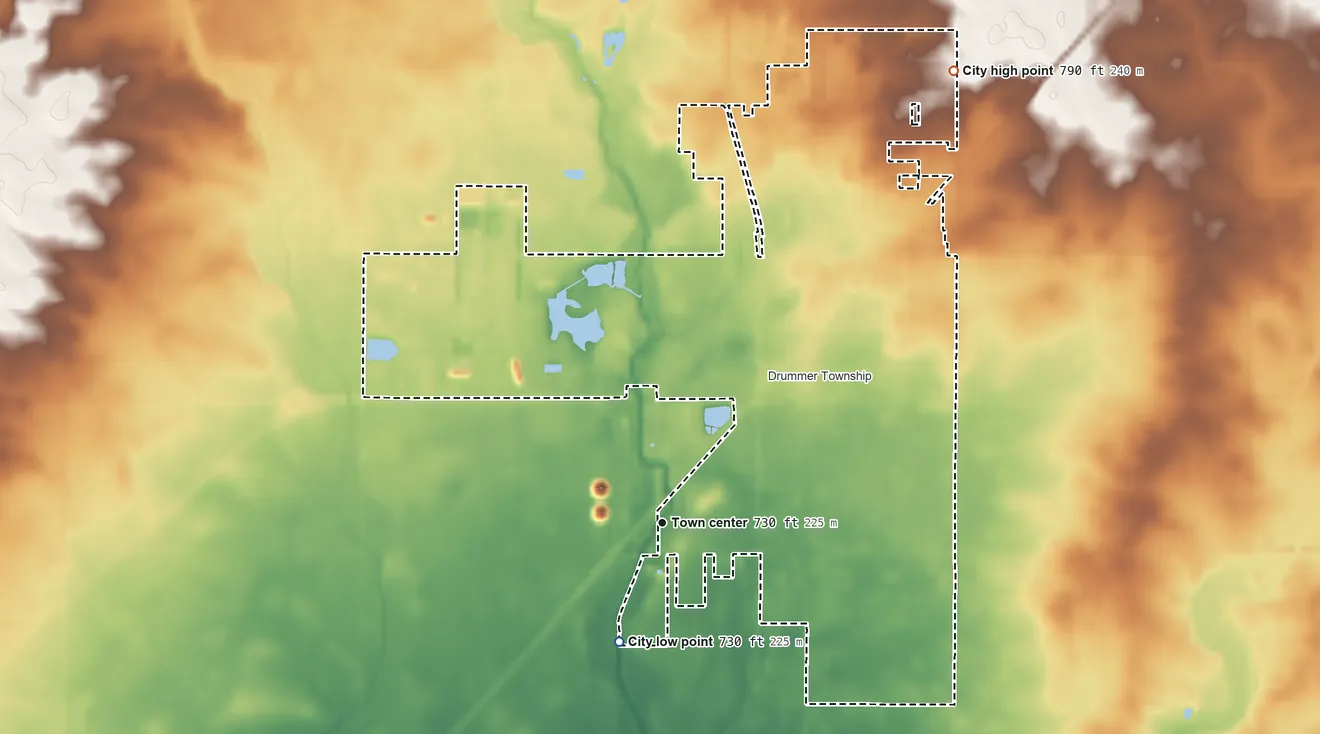 Topographic elevation map of Gibson City, Illinois, shaded from 730 ft on the south side to 790 ft on the northeast side