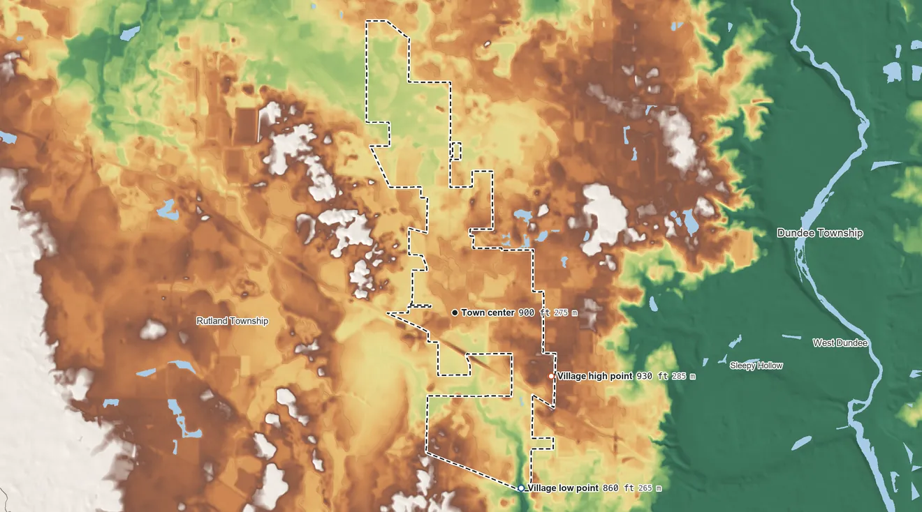 Topographic elevation map of Gilberts, Illinois, shaded from 860 ft on the south side to 930 ft on the southeast side