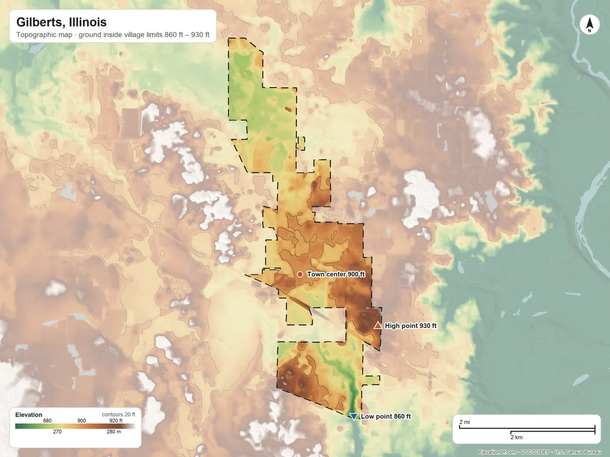 Topographic elevation map of Gilberts, Illinois, shaded from 860 ft on the south side to 930 ft on the southeast side