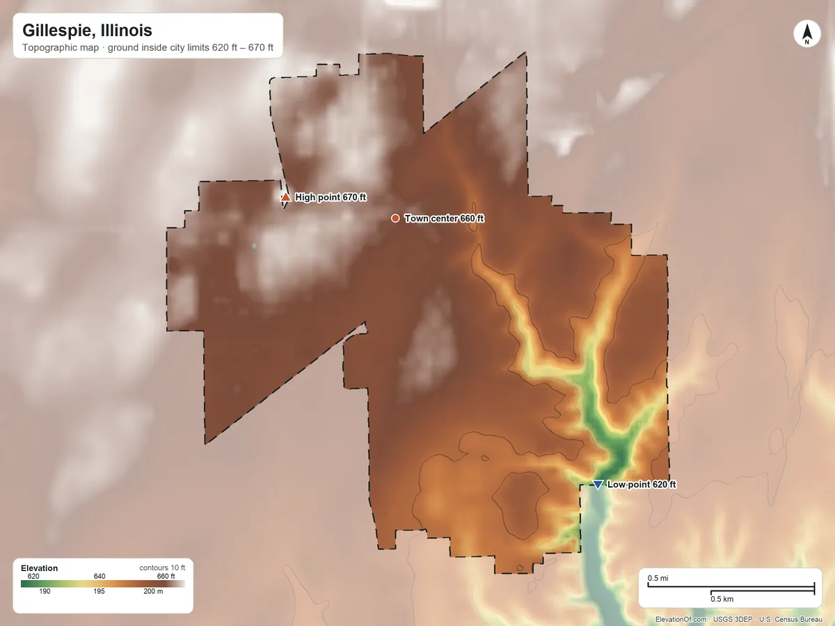 Topographic elevation map of Gillespie, Illinois, shaded from 620 ft on the southeast side to 670 ft on the west side