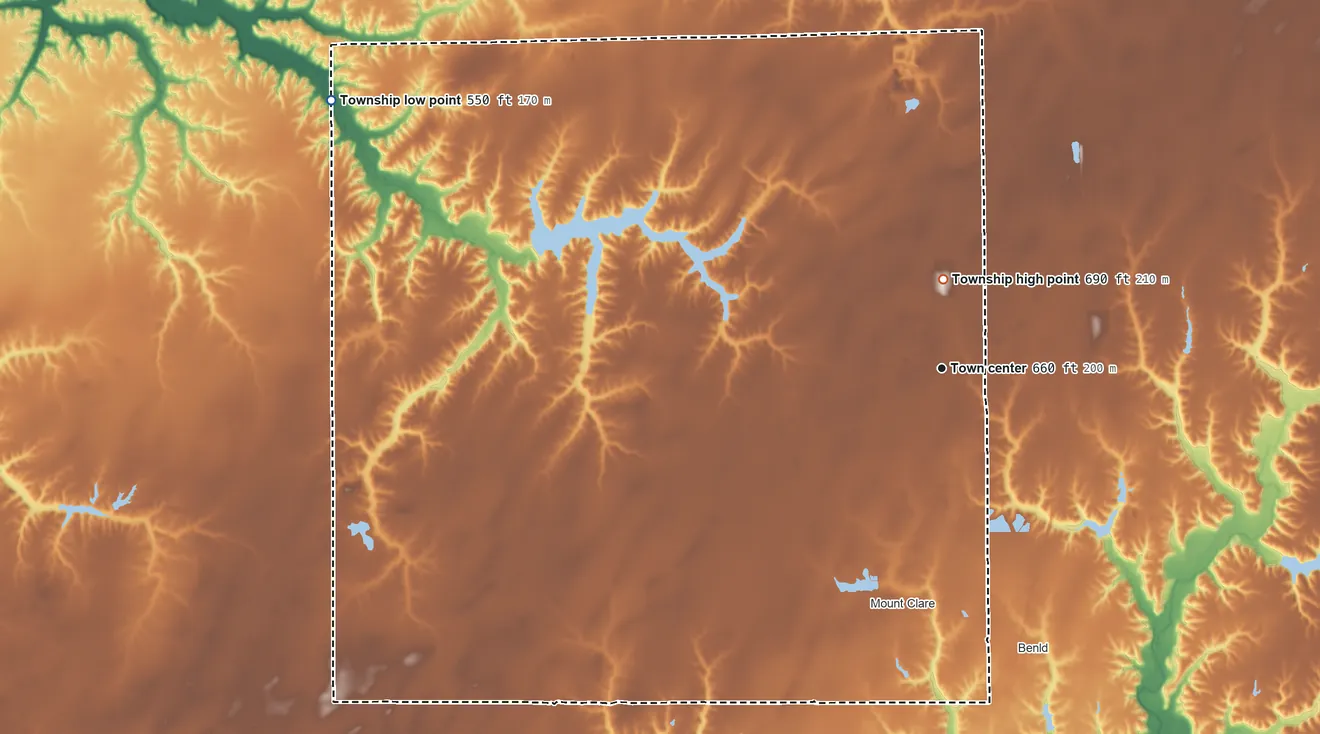 Topographic elevation map of Gillespie Township, Illinois, shaded from 550 ft on the northwest side to 690 ft near the middle