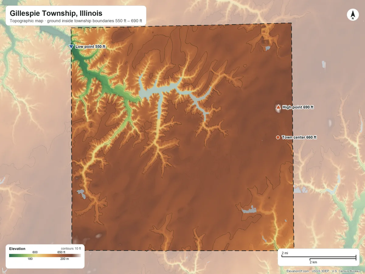 Topographic elevation map of Gillespie Township, Illinois, shaded from 550 ft on the northwest side to 690 ft near the middle