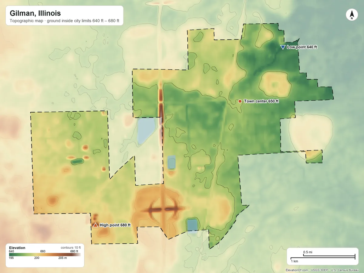 Topographic elevation map of Gilman, Illinois, shaded from 640 ft on the northeast side to 680 ft on the southwest side
