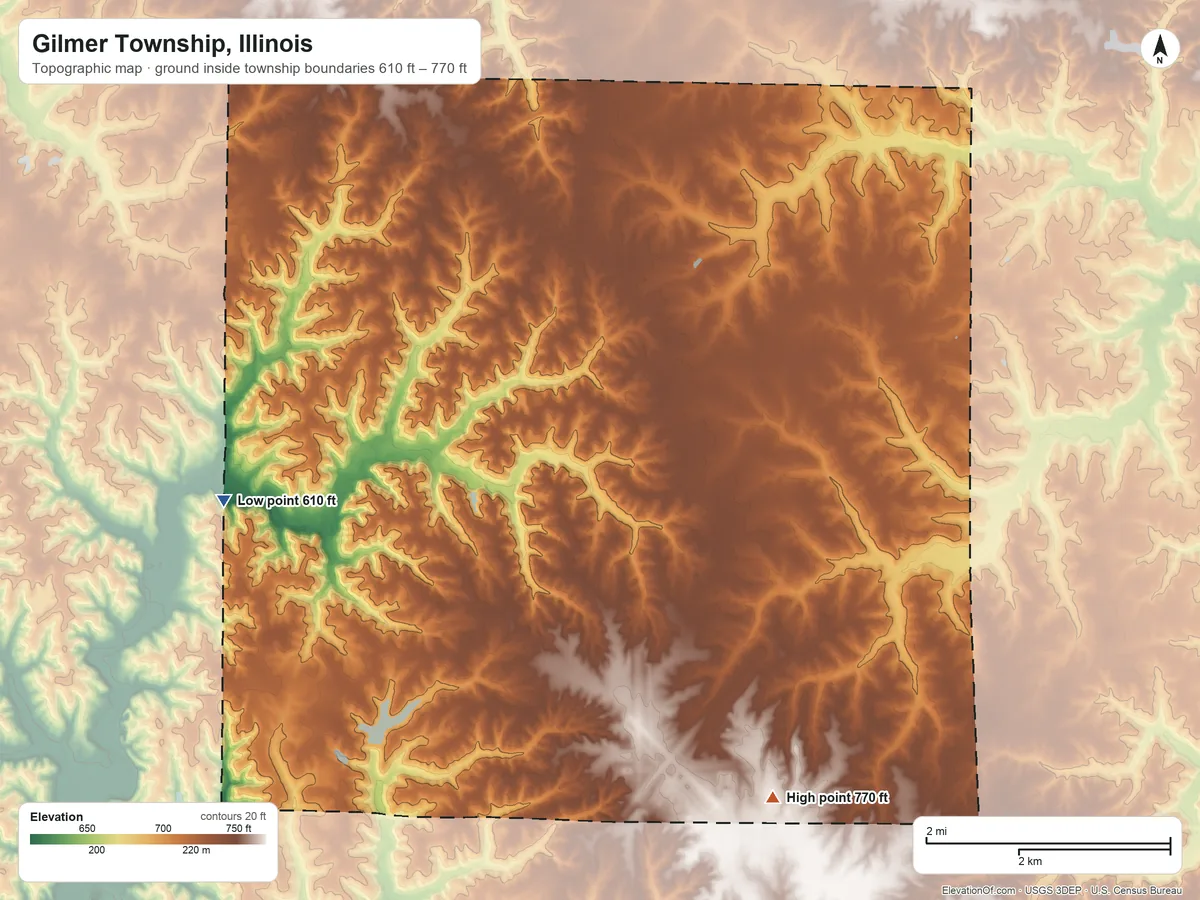 Topographic elevation map of Gilmer Township, Illinois, shaded from 610 ft on the west side to 770 ft on the southeast side