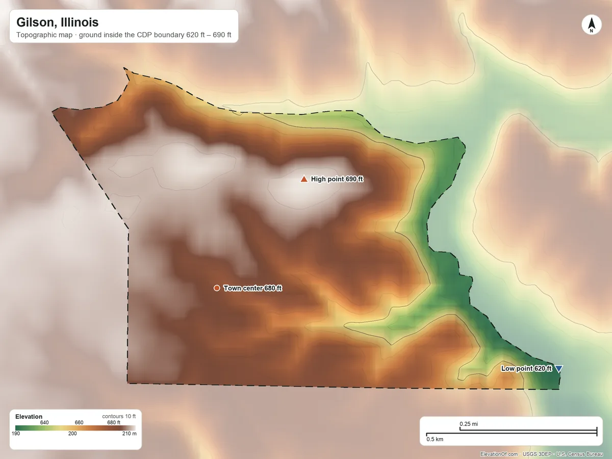 Topographic elevation map of Gilson, Illinois, shaded from 620 ft on the east side to 690 ft on the northeast side