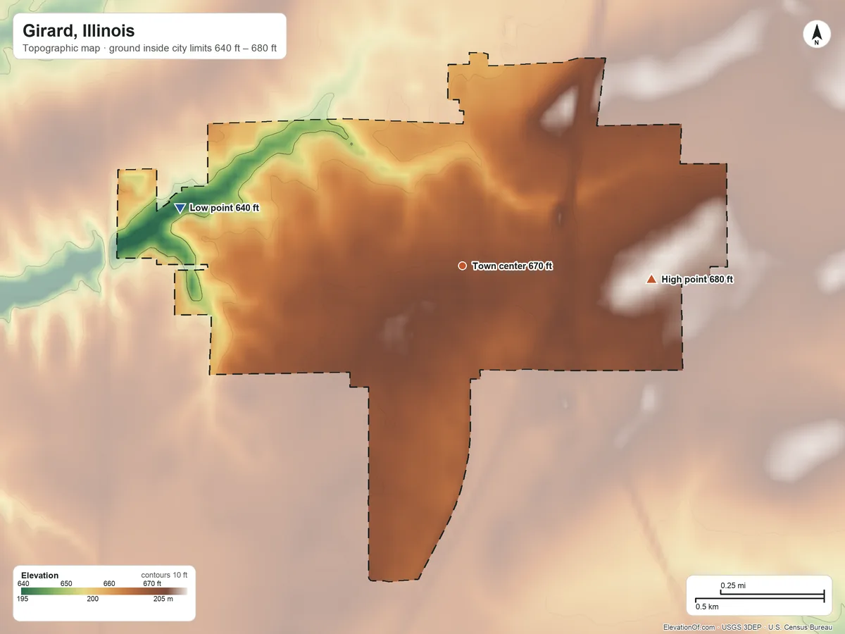Topographic elevation map of Girard, Illinois, shaded from 640 ft on the west side to 680 ft on the east side
