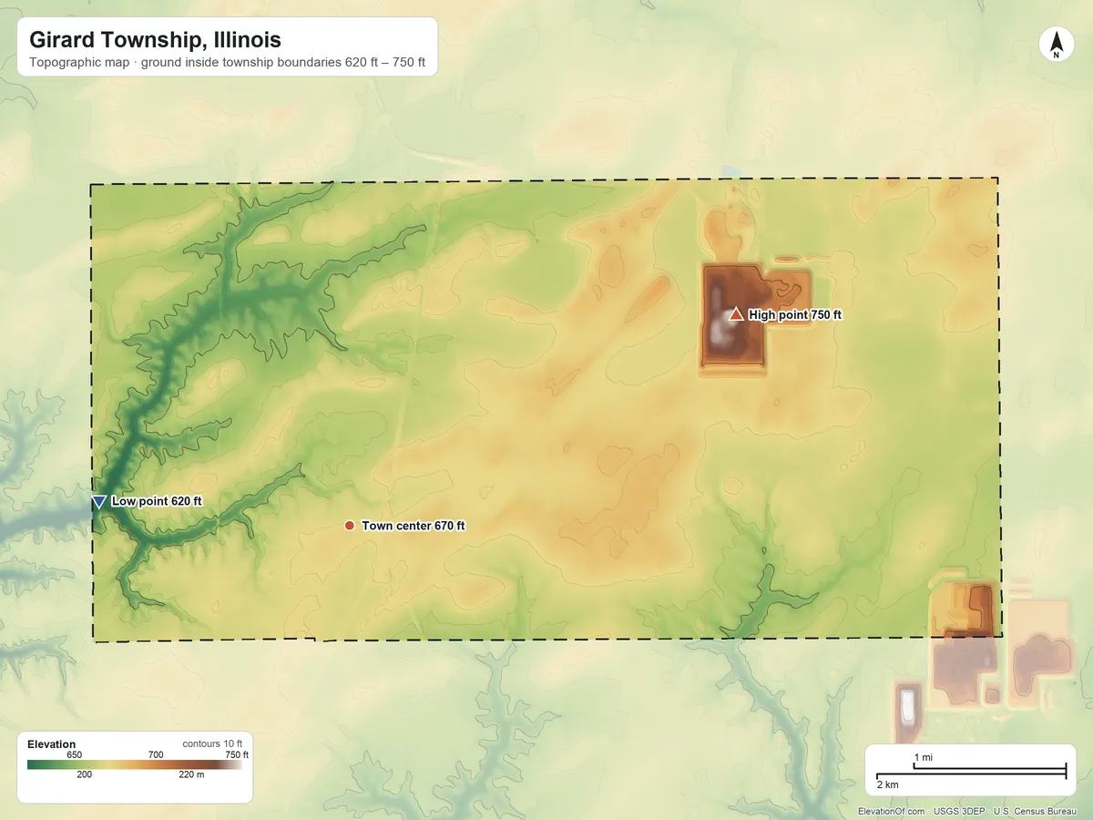 Topographic elevation map of Girard Township, Illinois, shaded from 620 ft on the west side to 750 ft on the northeast side