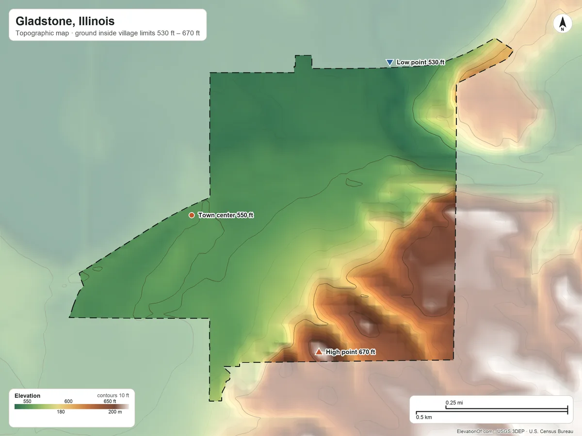 Topographic elevation map of Gladstone, Illinois, shaded from 530 ft on the northeast side to 670 ft on the southeast side