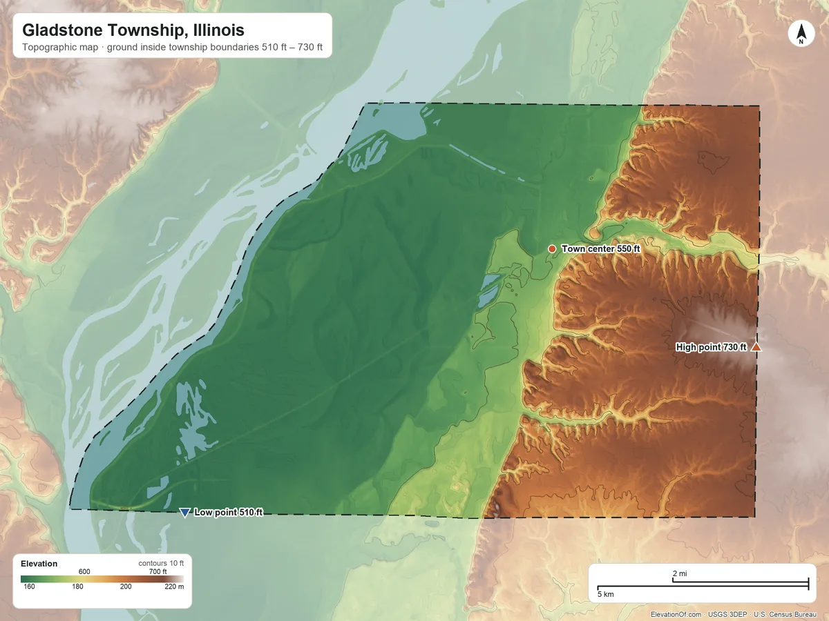 Topographic elevation map of Gladstone Township, Illinois, shaded from 510 ft on the southwest side to 730 ft on the southeast side