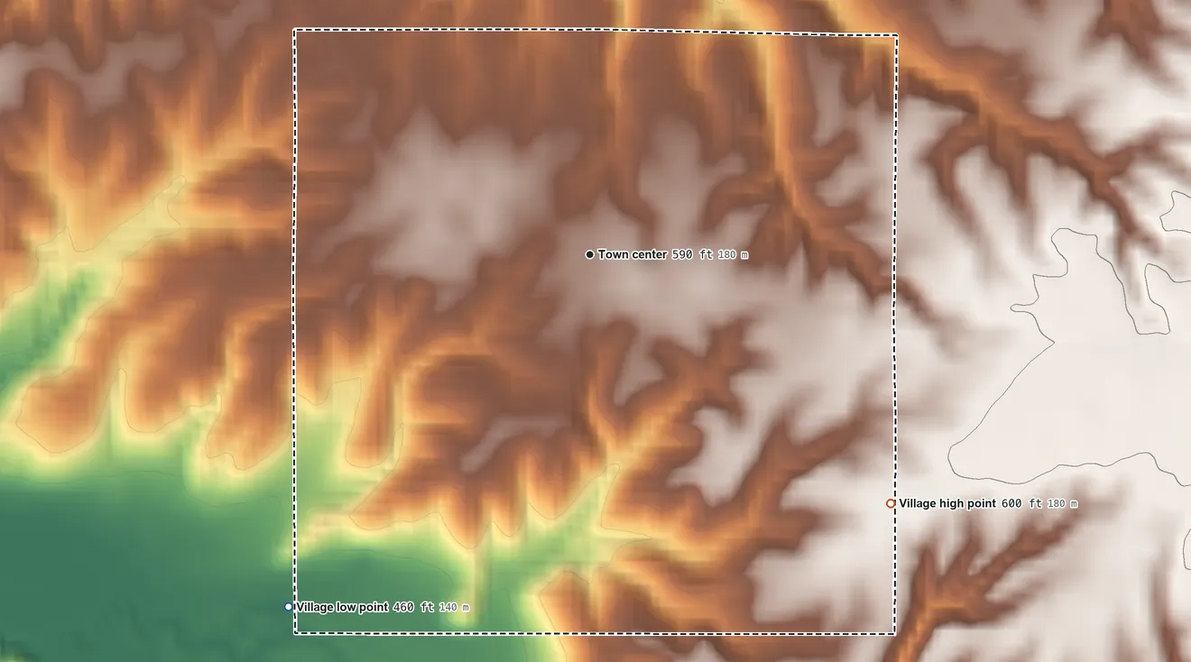 Topographic elevation map of Glasgow, Illinois, shaded from 460 ft on the southwest side to 600 ft on the southeast side