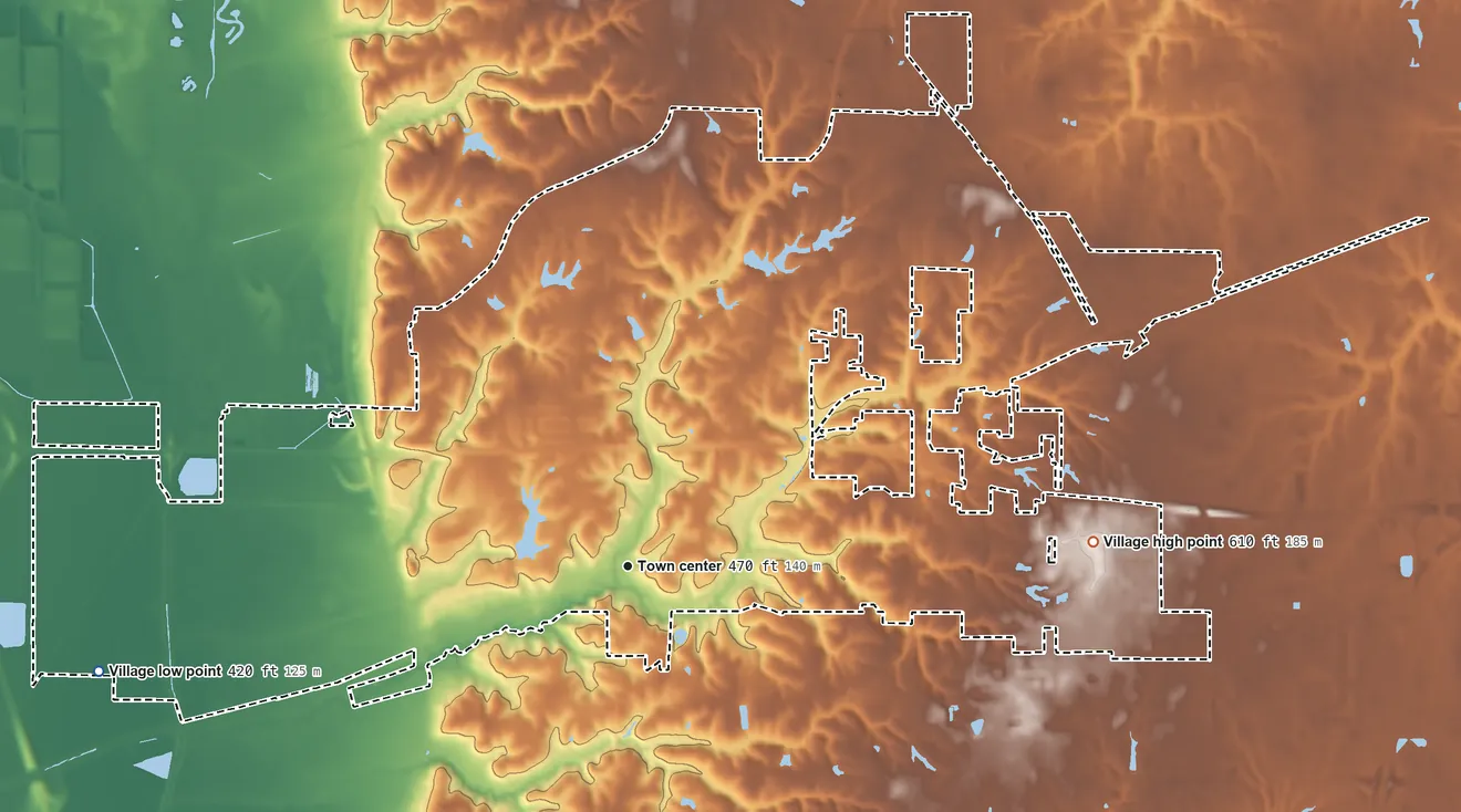 Topographic elevation map of Glen Carbon, Illinois, shaded from 420 ft on the west side to 610 ft on the east side