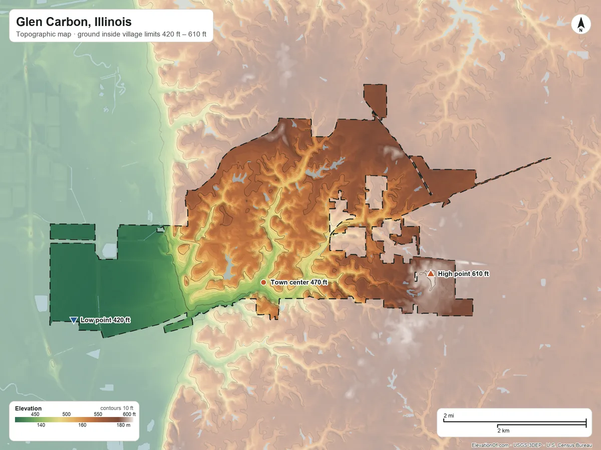 Topographic elevation map of Glen Carbon, Illinois, shaded from 420 ft on the west side to 610 ft on the east side