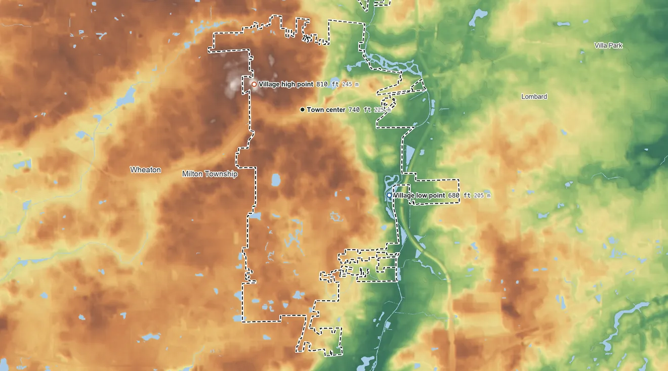 Topographic elevation map of Glen Ellyn, Illinois, shaded from 680 ft on the southeast side to 810 ft on the northwest side