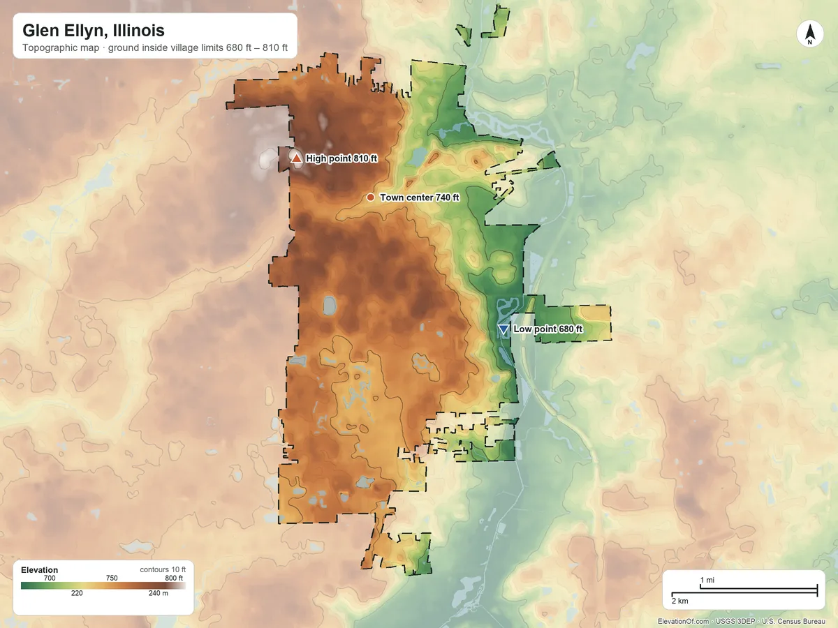 Topographic elevation map of Glen Ellyn, Illinois, shaded from 680 ft on the southeast side to 810 ft on the northwest side