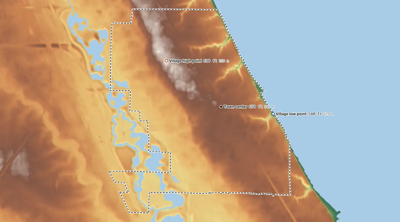 Topographic elevation map of Glencoe, Illinois, shaded from 580 ft on the east side to 690 ft on the northwest side