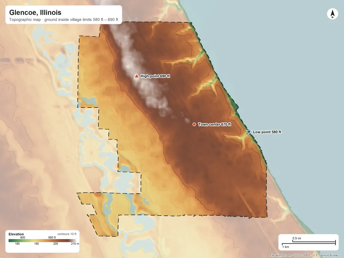 Topographic elevation map of Glencoe, Illinois, shaded from 580 ft on the east side to 690 ft on the northwest side