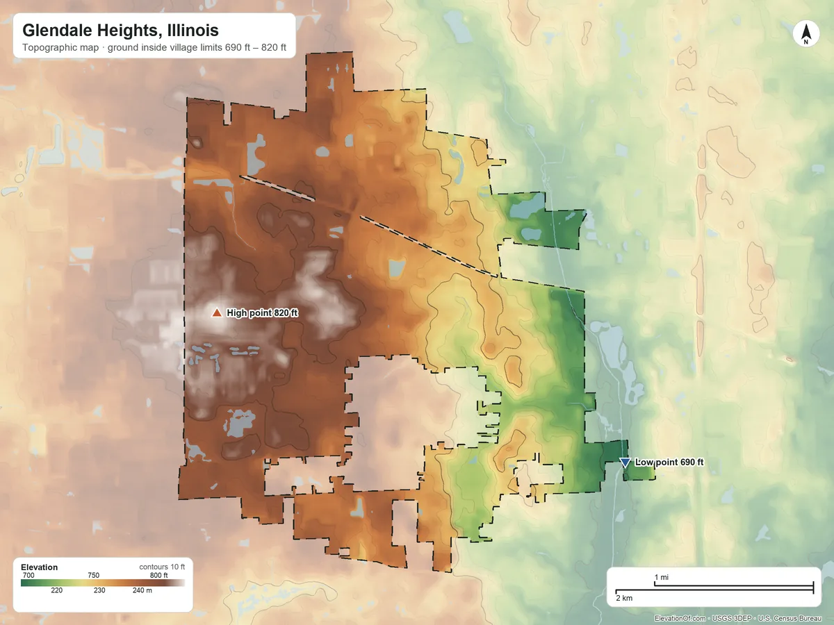 Topographic elevation map of Glendale Heights, Illinois, shaded from 690 ft on the southeast side to 820 ft on the west side