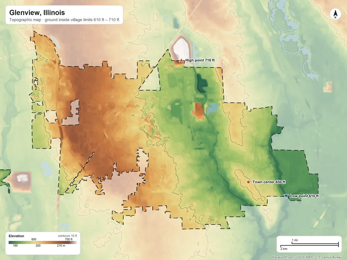 Topographic elevation map of Glenview, Illinois, shaded from 610 ft on the east side to 710 ft on the northwest side