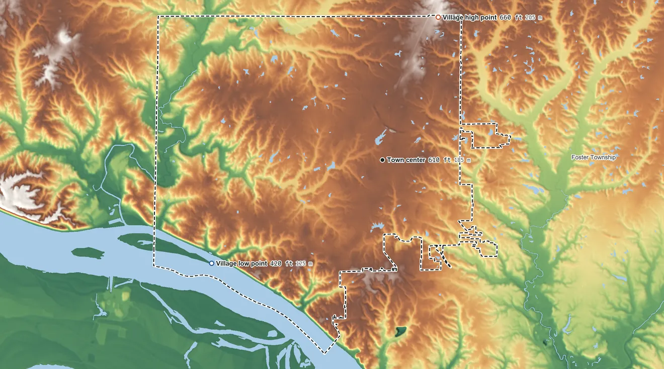 Topographic elevation map of Godfrey, Illinois, shaded from 420 ft on the southwest side to 660 ft on the north side