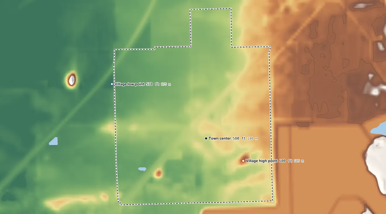 Topographic elevation map of Godley, Illinois, shaded from 570 ft on the northwest side to 600 ft on the southeast side