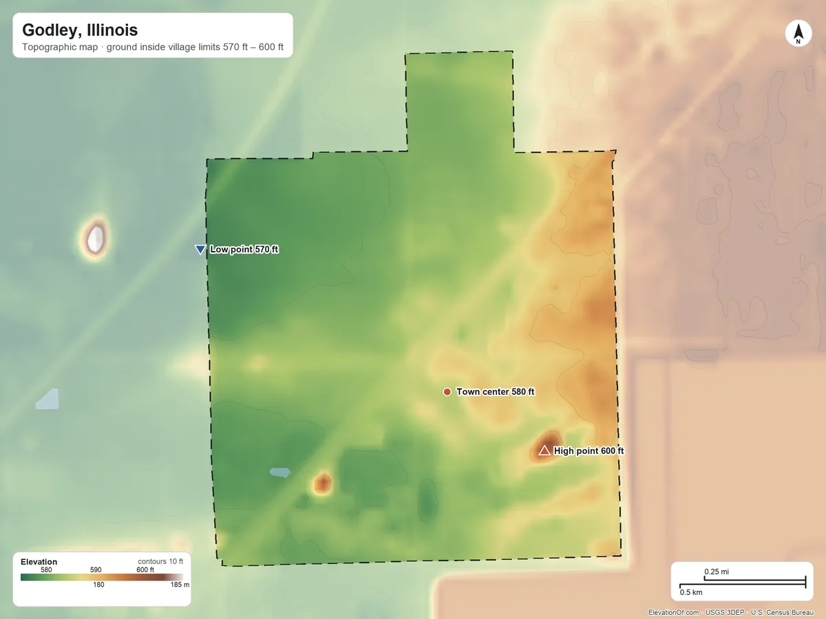 Topographic elevation map of Godley, Illinois, shaded from 570 ft on the northwest side to 600 ft on the southeast side