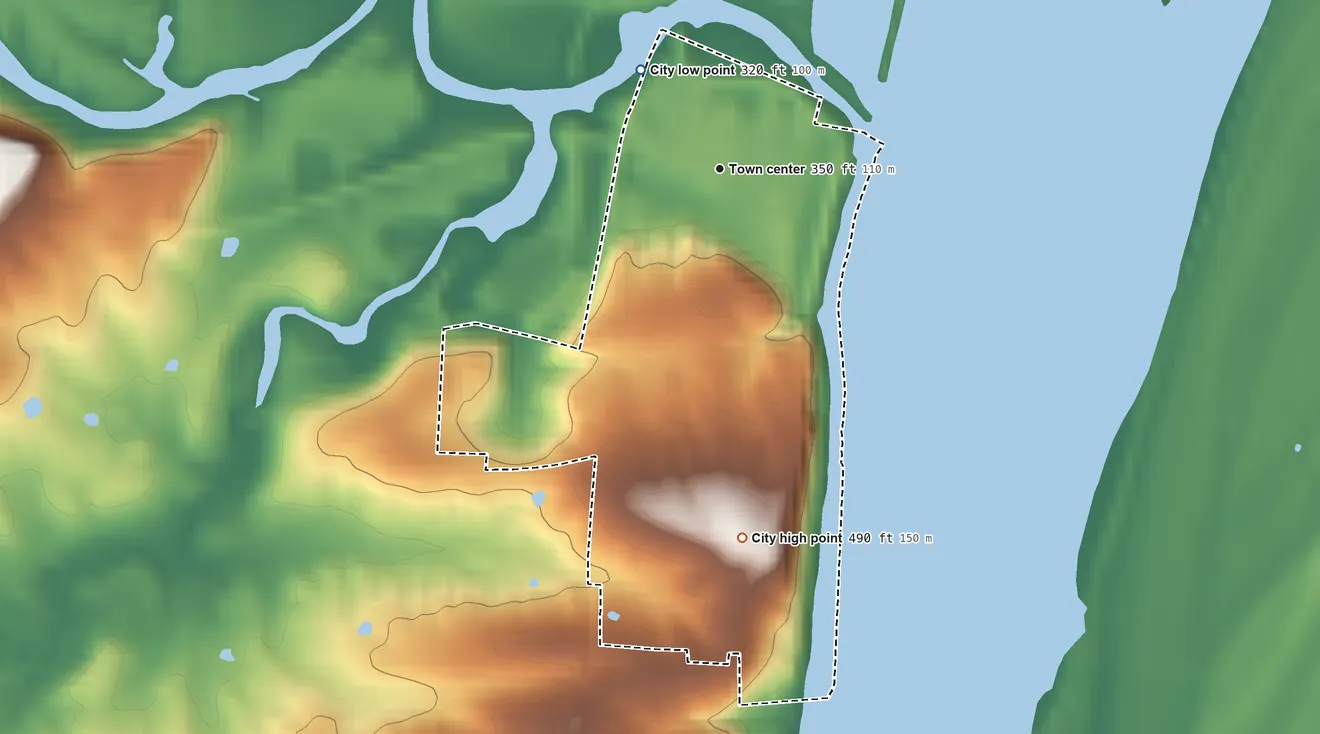 Topographic elevation map of Golconda, Illinois, shaded from 320 ft on the northwest side to 490 ft on the south side