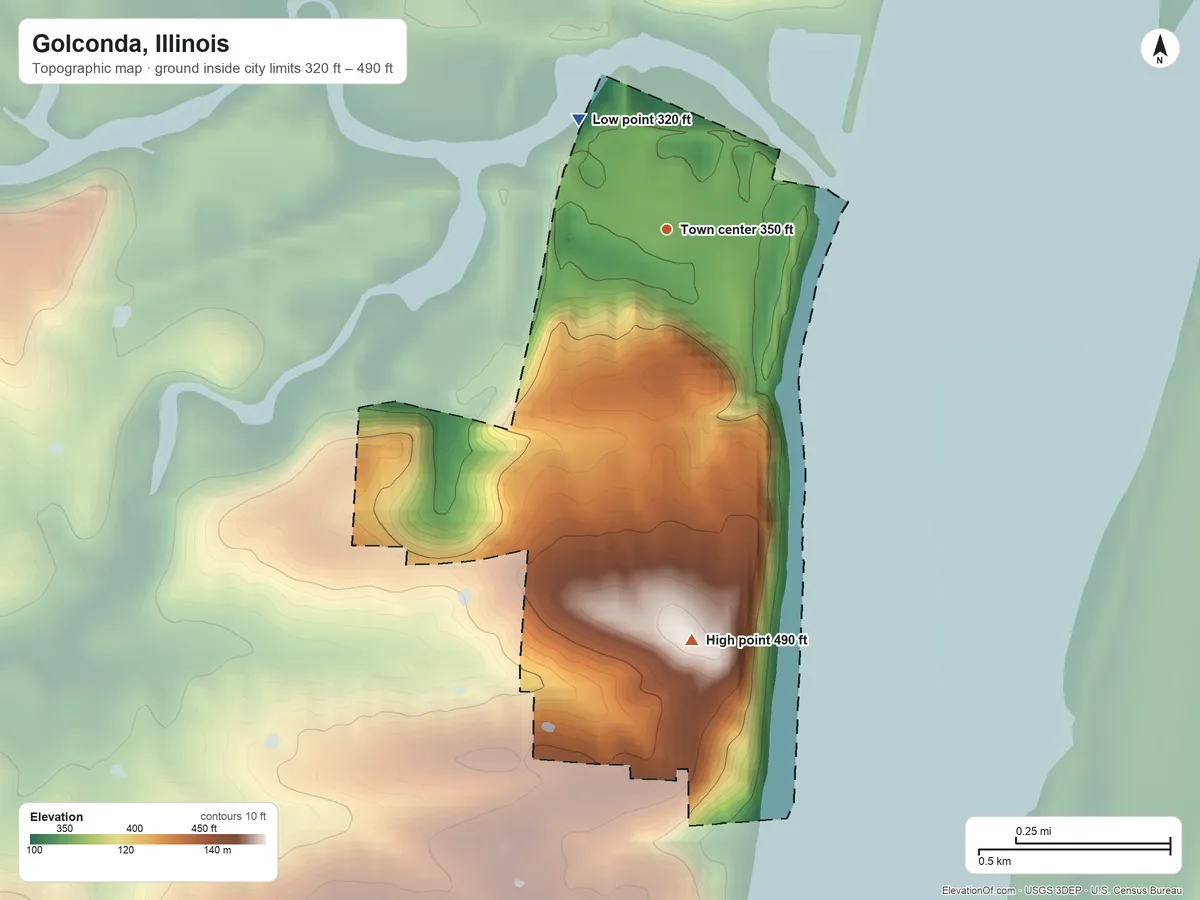 Topographic elevation map of Golconda, Illinois, shaded from 320 ft on the northwest side to 490 ft on the south side