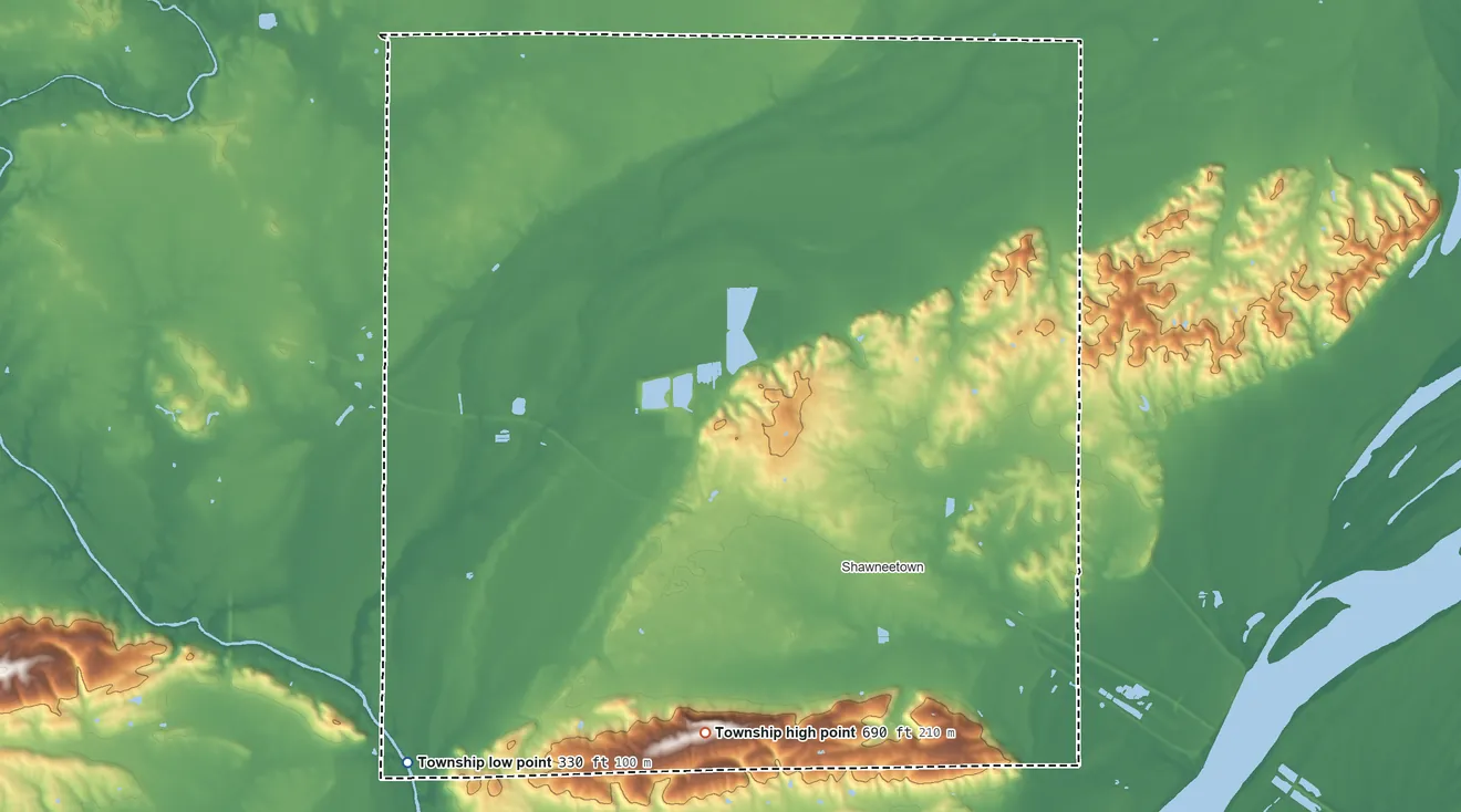 Topographic elevation map of Gold Hill Township, Illinois, shaded from 330 ft on the southwest side to 690 ft on Gold Hill