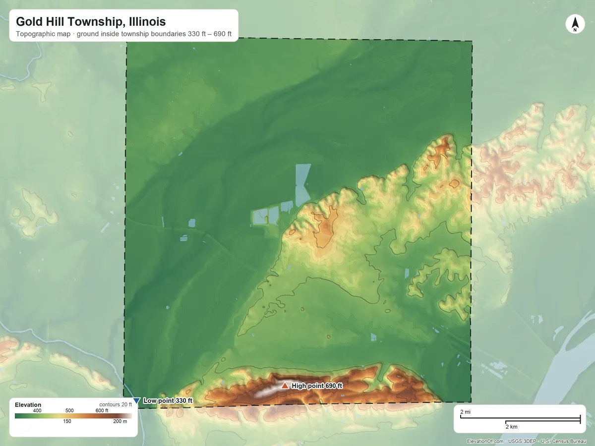 Topographic elevation map of Gold Hill Township, Illinois, shaded from 330 ft on the southwest side to 690 ft on Gold Hill