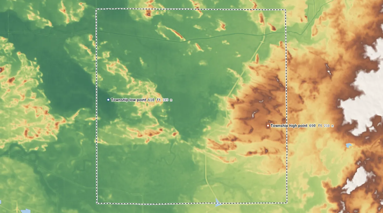 Topographic elevation map of Gold Township, Illinois, shaded from 610 ft on the west side to 690 ft on the east side