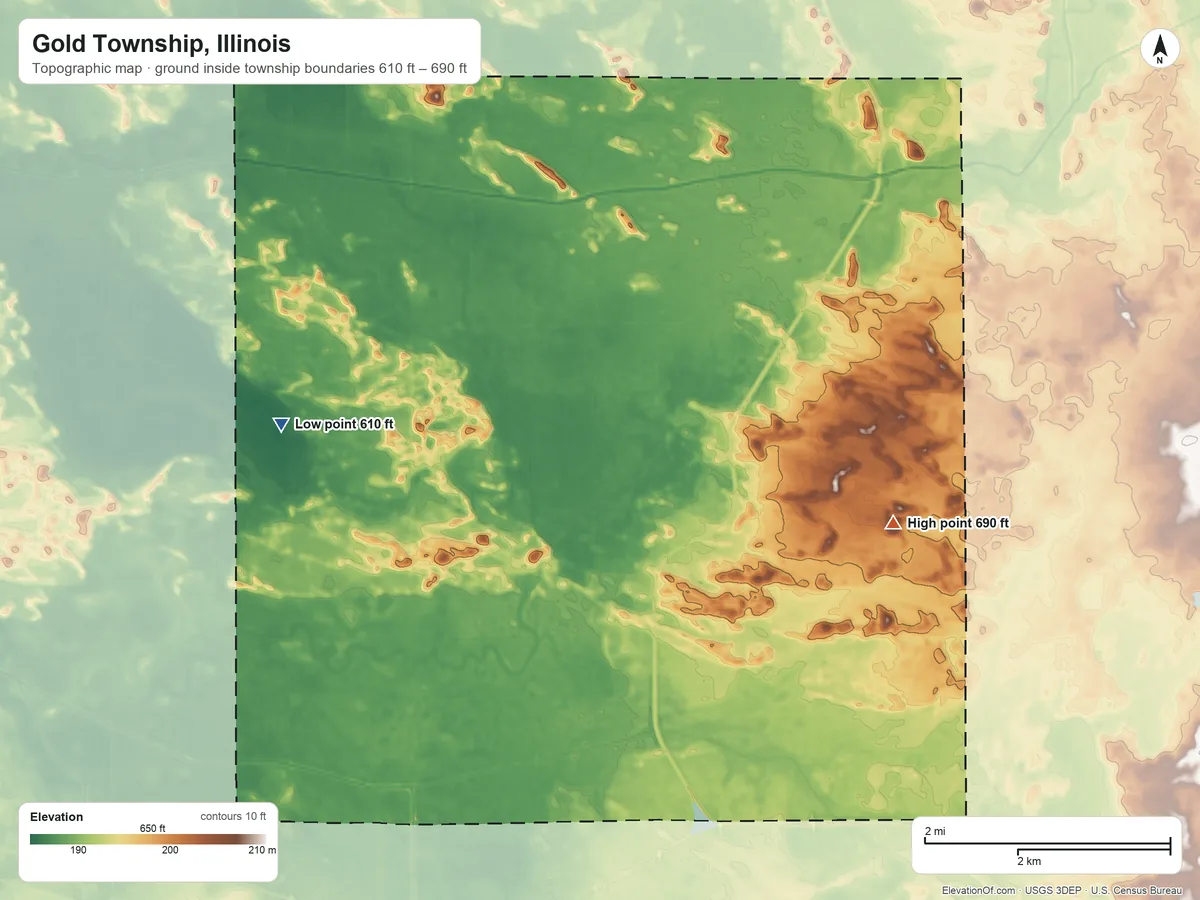 Topographic elevation map of Gold Township, Illinois, shaded from 610 ft on the west side to 690 ft on the east side