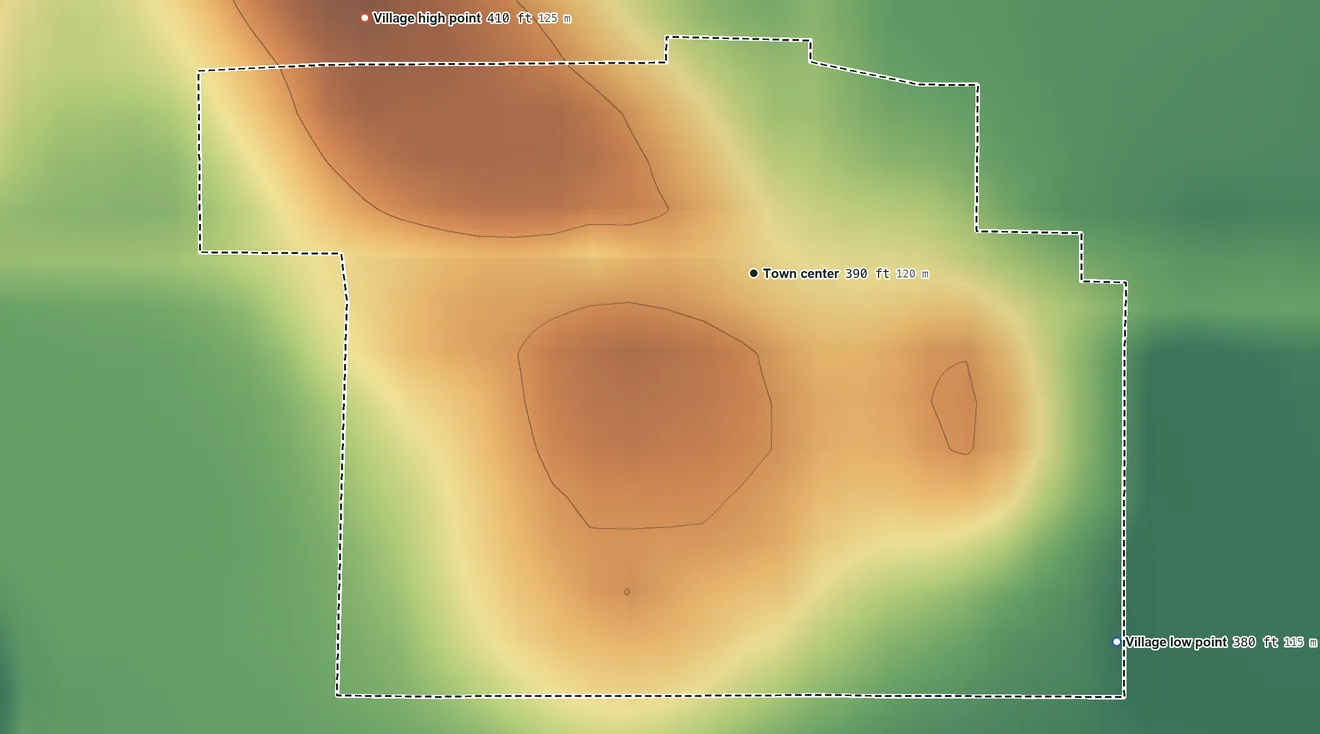Topographic elevation map of Golden Gate, Illinois, shaded from 380 ft on the southeast side to 410 ft on the northwest side