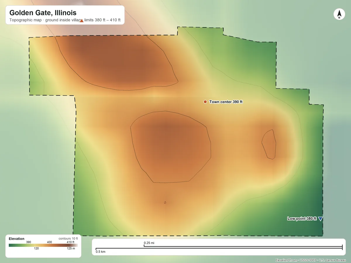 Topographic elevation map of Golden Gate, Illinois, shaded from 380 ft on the southeast side to 410 ft on the northwest side
