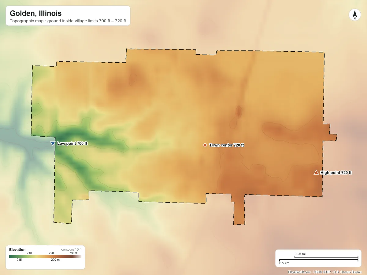 Topographic elevation map of Golden, Illinois, shaded from 700 ft on the west side to 720 ft on the east side