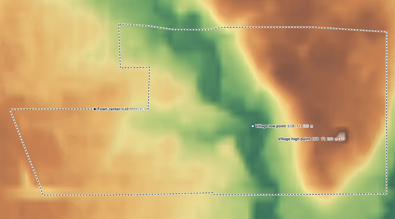 Topographic elevation map of Golf, Illinois, shaded from 610 ft on the east side to 660 ft on the east side