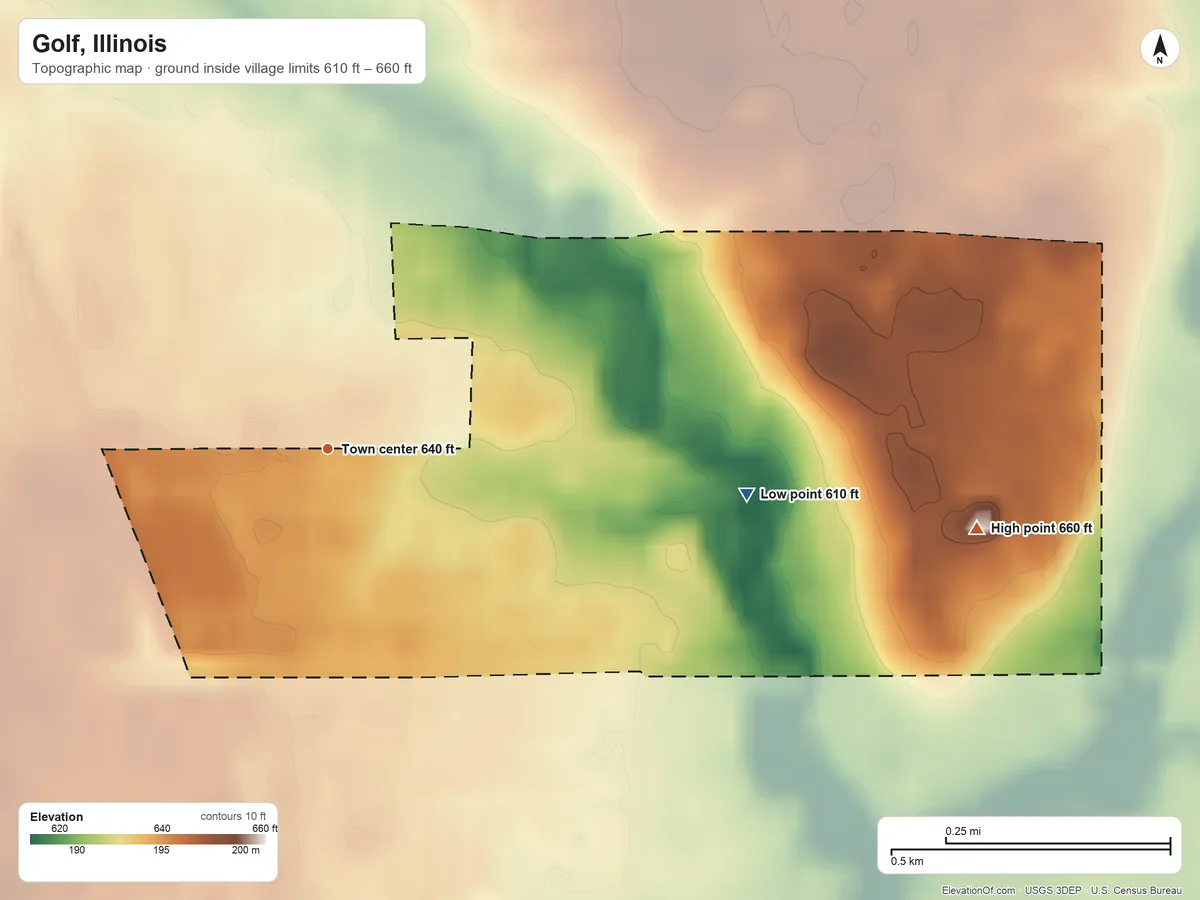 Topographic elevation map of Golf, Illinois, shaded from 610 ft on the east side to 660 ft on the east side