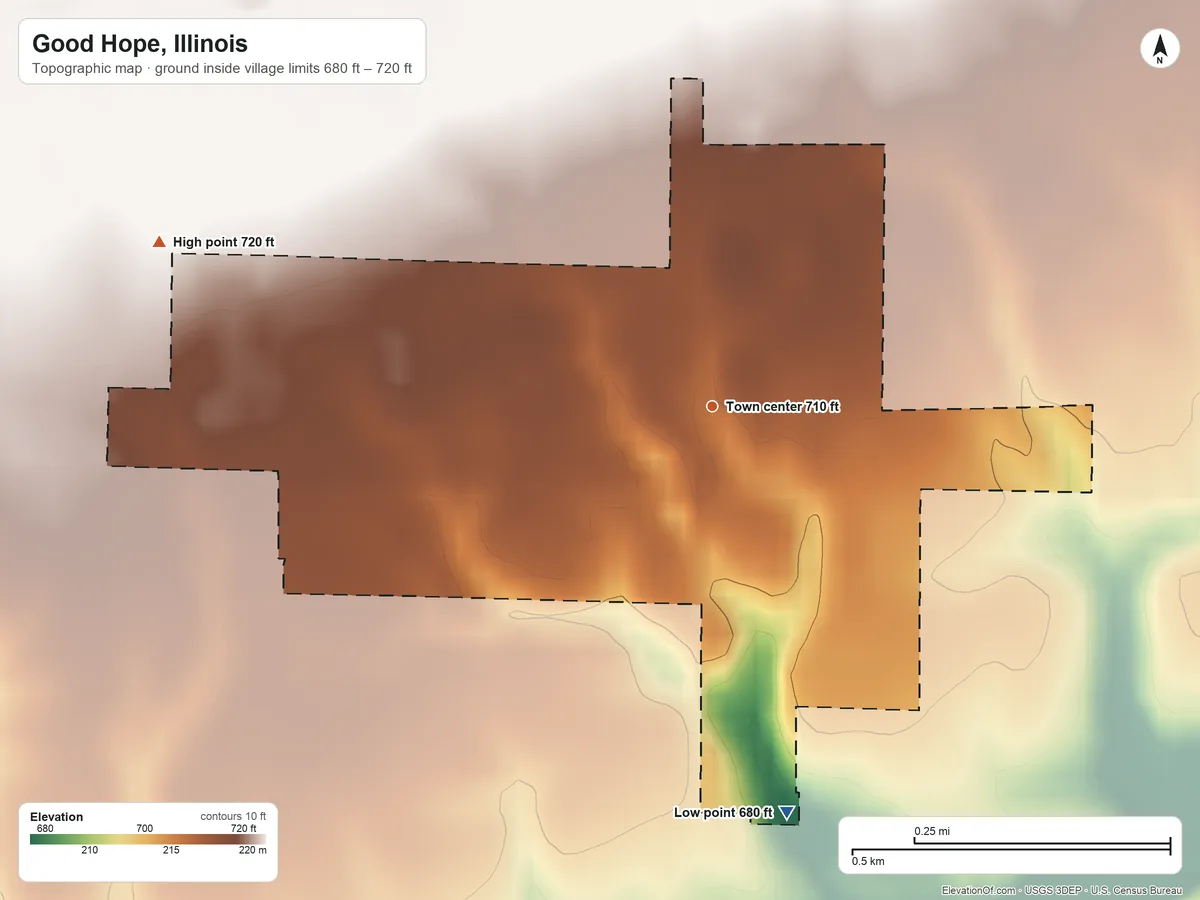 Topographic elevation map of Good Hope, Illinois, shaded from 680 ft on the south side to 720 ft on the west side