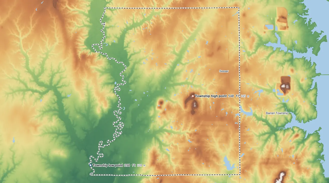 Topographic elevation map of Goode Township, Illinois, shaded from 390 ft on the southwest side to 540 ft on Moores Hill