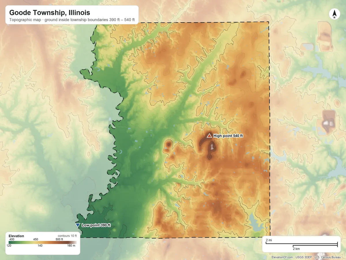 Topographic elevation map of Goode Township, Illinois, shaded from 390 ft on the southwest side to 540 ft on Moores Hill
