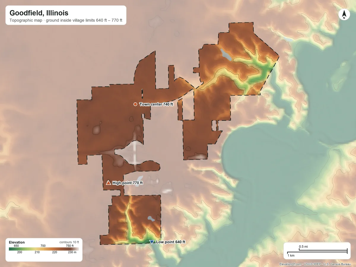 Topographic elevation map of Goodfield, Illinois, shaded from 640 ft on the south side to 770 ft on the south side