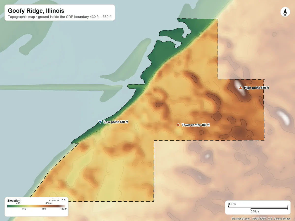 Topographic elevation map of Goofy Ridge, Illinois, shaded from 430 ft on the west side to 530 ft on the northeast side