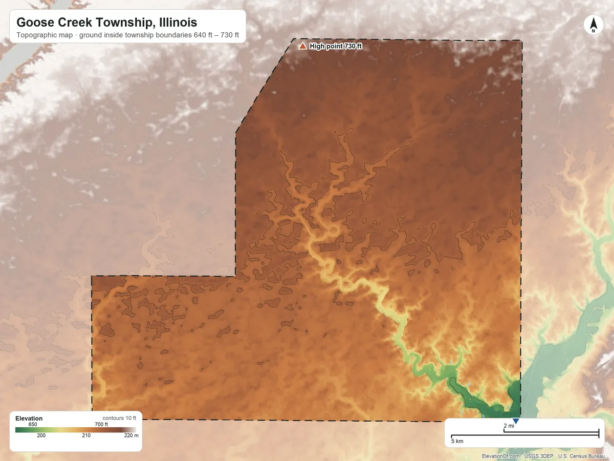 Topographic elevation map of Goose Creek Township, Illinois, shaded from 640 ft on the southeast side to 730 ft on the north side