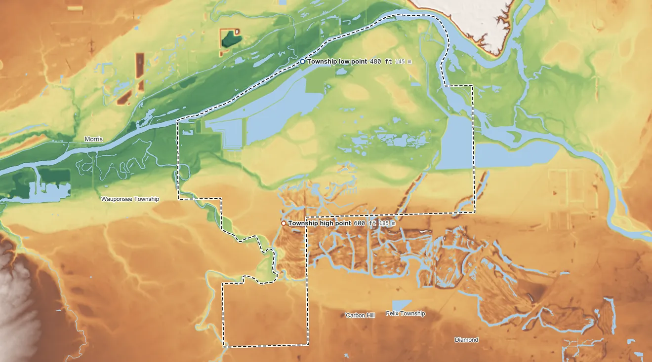 Topographic elevation map of Goose Lake Township, Illinois, shaded from 480 ft on the north side to 600 ft on the southwest side